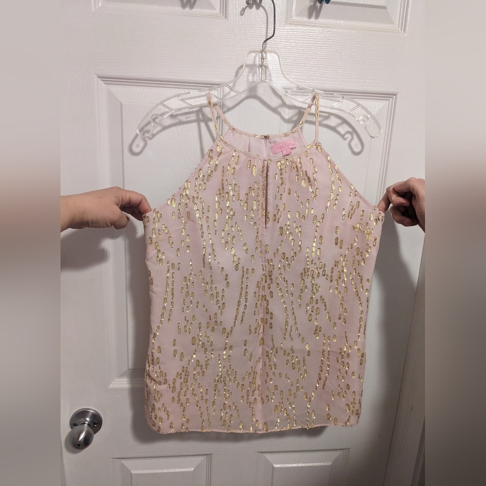 Lilly Pulitzer Pale Pink & Gold Crinkle Clip Dot Silk Jacquard Tank Top